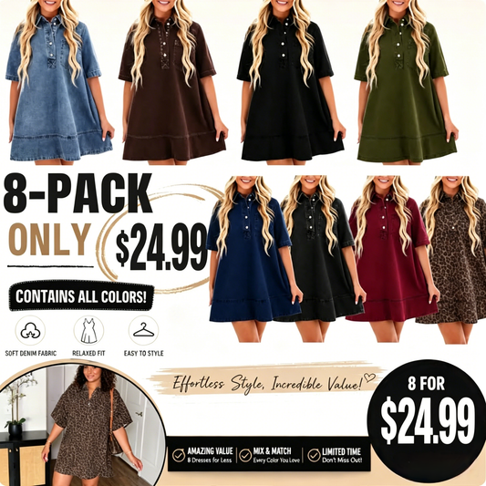 Women's Denim Shirt Mini Dress - Short Sleeve A-Line Swing Fit with Button Half-Placket and Chest Pocket