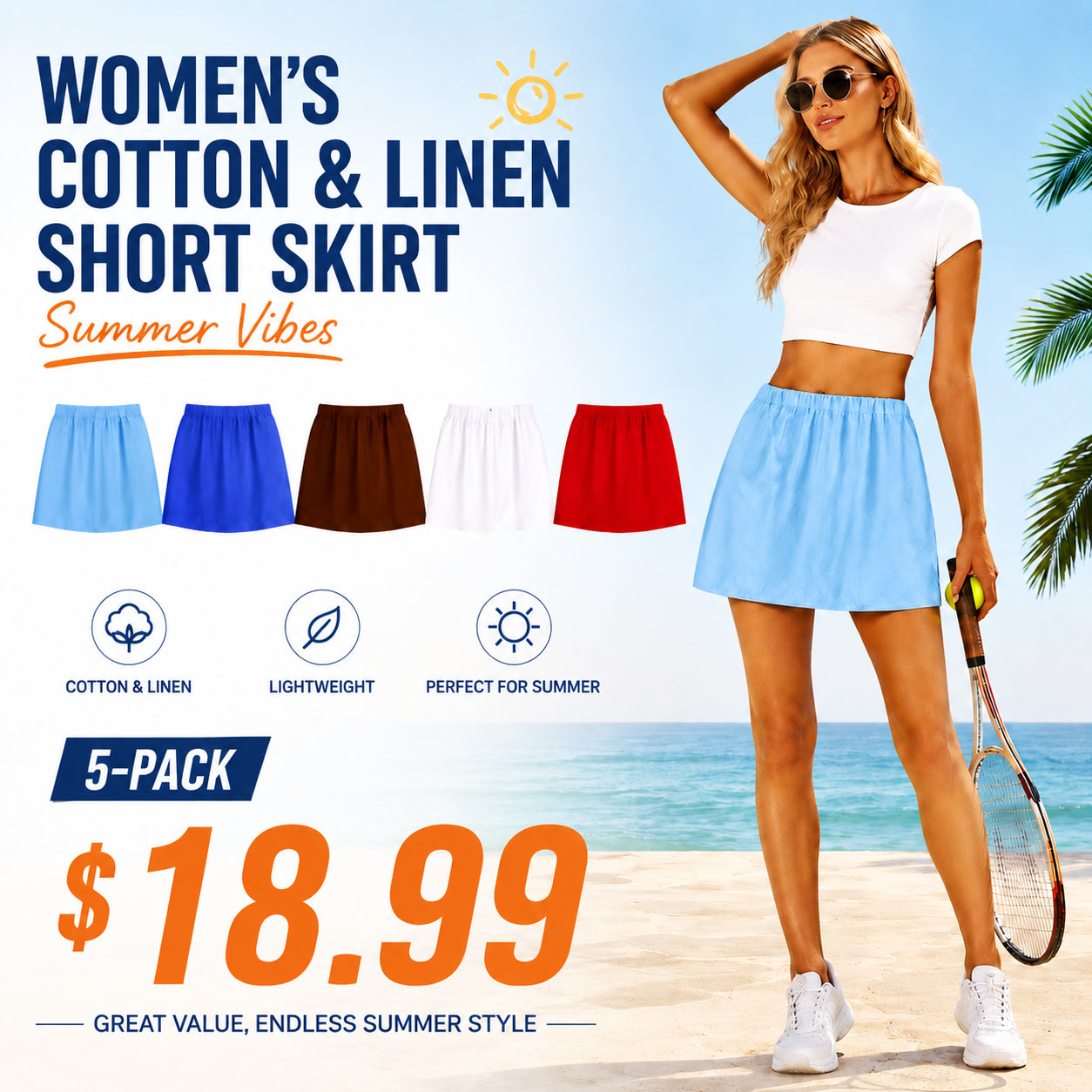 Women's Cotton Linen Skorts Casual Cute A-Line Mini Skirts with Ruffle Inner Waistband