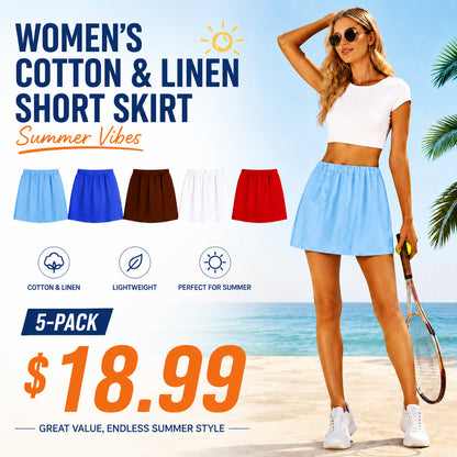 Women's Cotton Linen Skorts Casual Cute A-Line Mini Skirts with Ruffle Inner Waistband